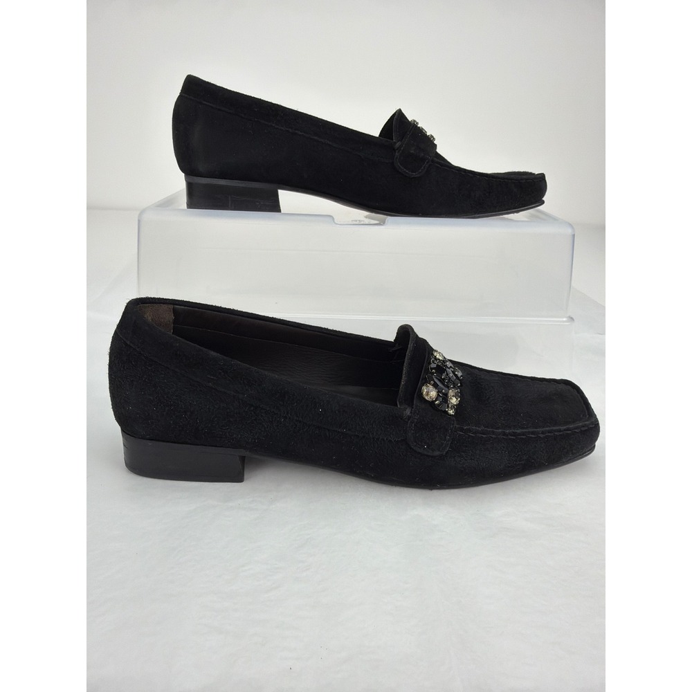 Stuart Weitzman Loafers Women 8.5N Black Suede Crystal Square Toe Career